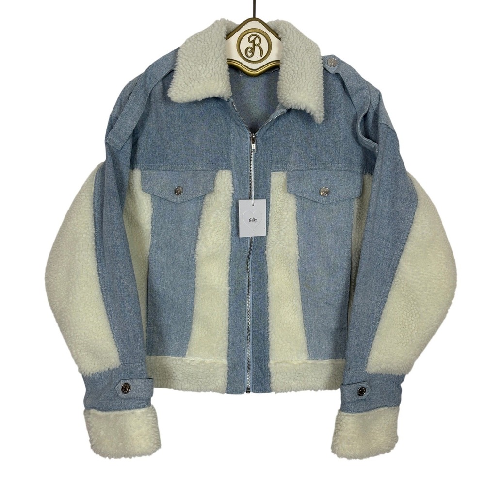 Y2K Sherpa Denim Jacket Faux Shearling Coat Blue Western Cowgirl Winter MEDIUM